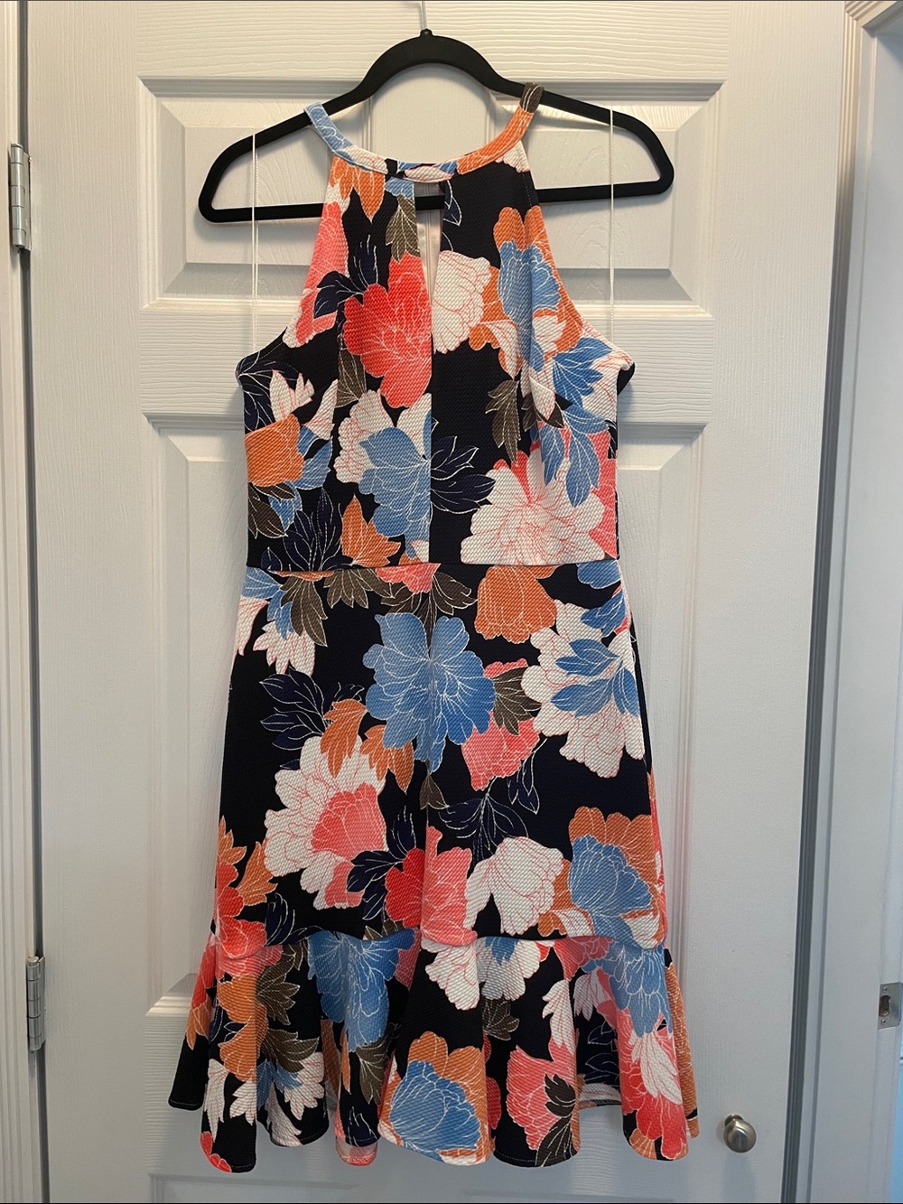 Floral Halter Fit & Flare Dress - Navy with Coral, Blue & Cream Flowers
